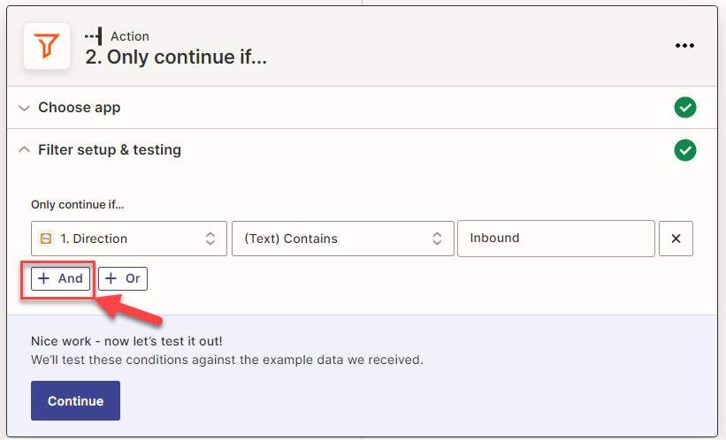 Screenshot showing how to add another row of criteria to the Zap filter