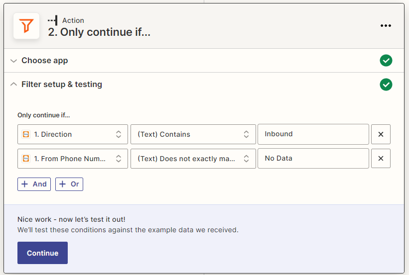Screenshot showing the additional filter criteria for the inbound calls Zap