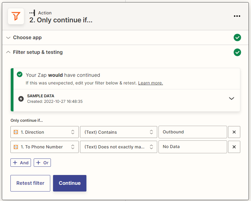 Screenshot showing the additional filter criteria for the outbound calls Zap
