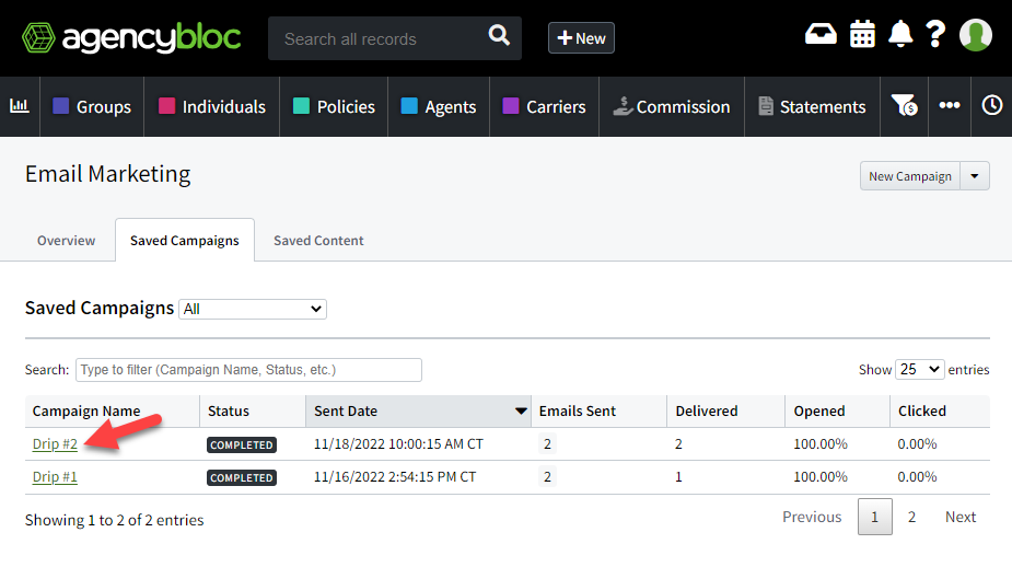 Screenshot showing a list of email campaigns