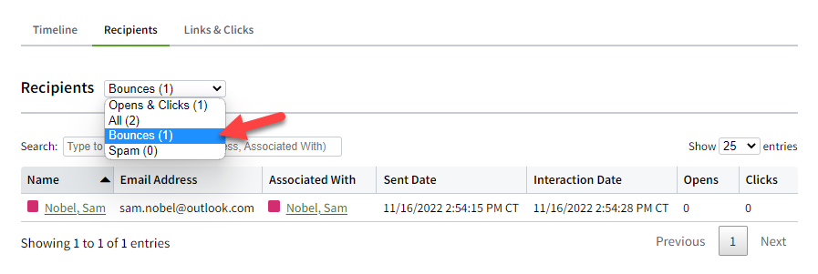 Screenshot showing the bounced recipients of an email campaign