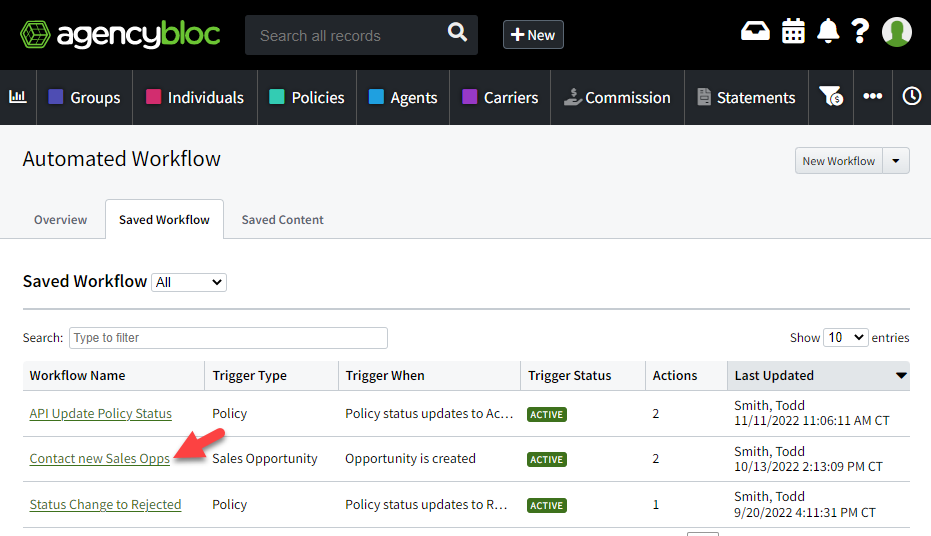 Screenshot showing a list of workflows