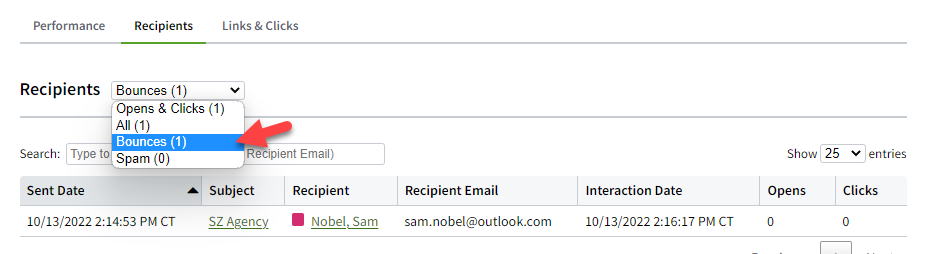 Screenshot showing the bounced recipients of a workflow