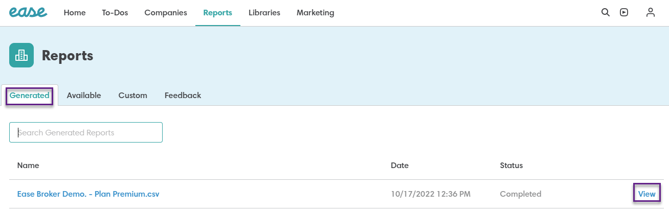 Screenshot showing the Generated tab in Ease
