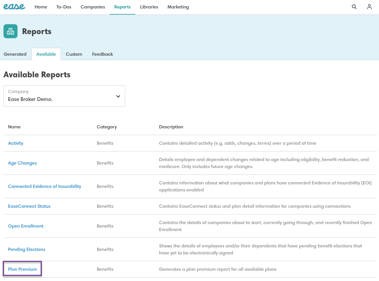 Screenshot showing the Plan Premium report in Ease