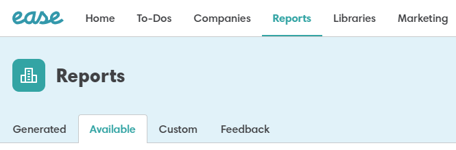 Screenshot showing the Availabe reports tab in Ease