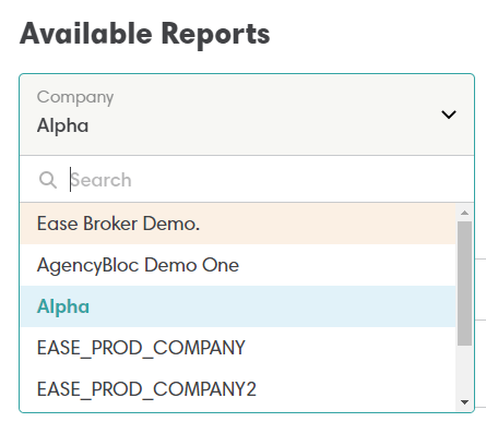 Screenshot showing the Available reports for a new Company in Ease
