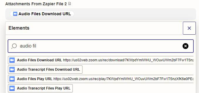 Screenshot showing the Attachments from Zapier File 2 field