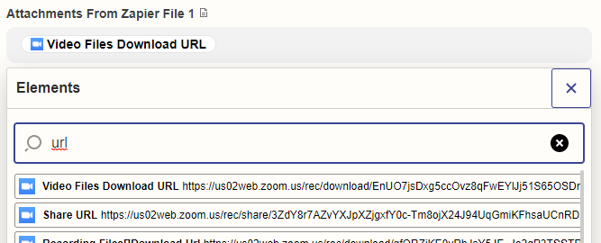 Screenshot showing the Attachments from Zapier File 1 field