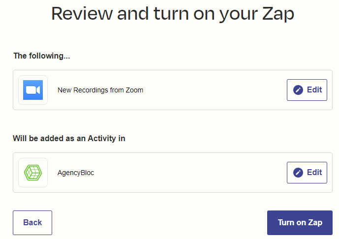 Screenshot showing how to turn the Zap on