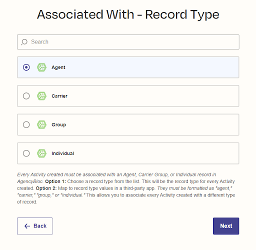 Screenshot showing how to set Agent for Record Type that new Activities will be associated with