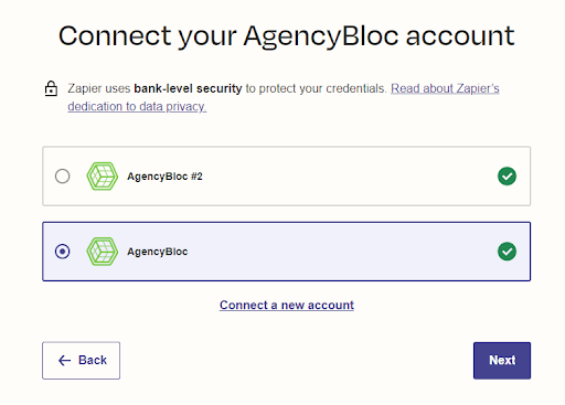 Screenshot showing how to connect your AgencyBloc account during Zap setup