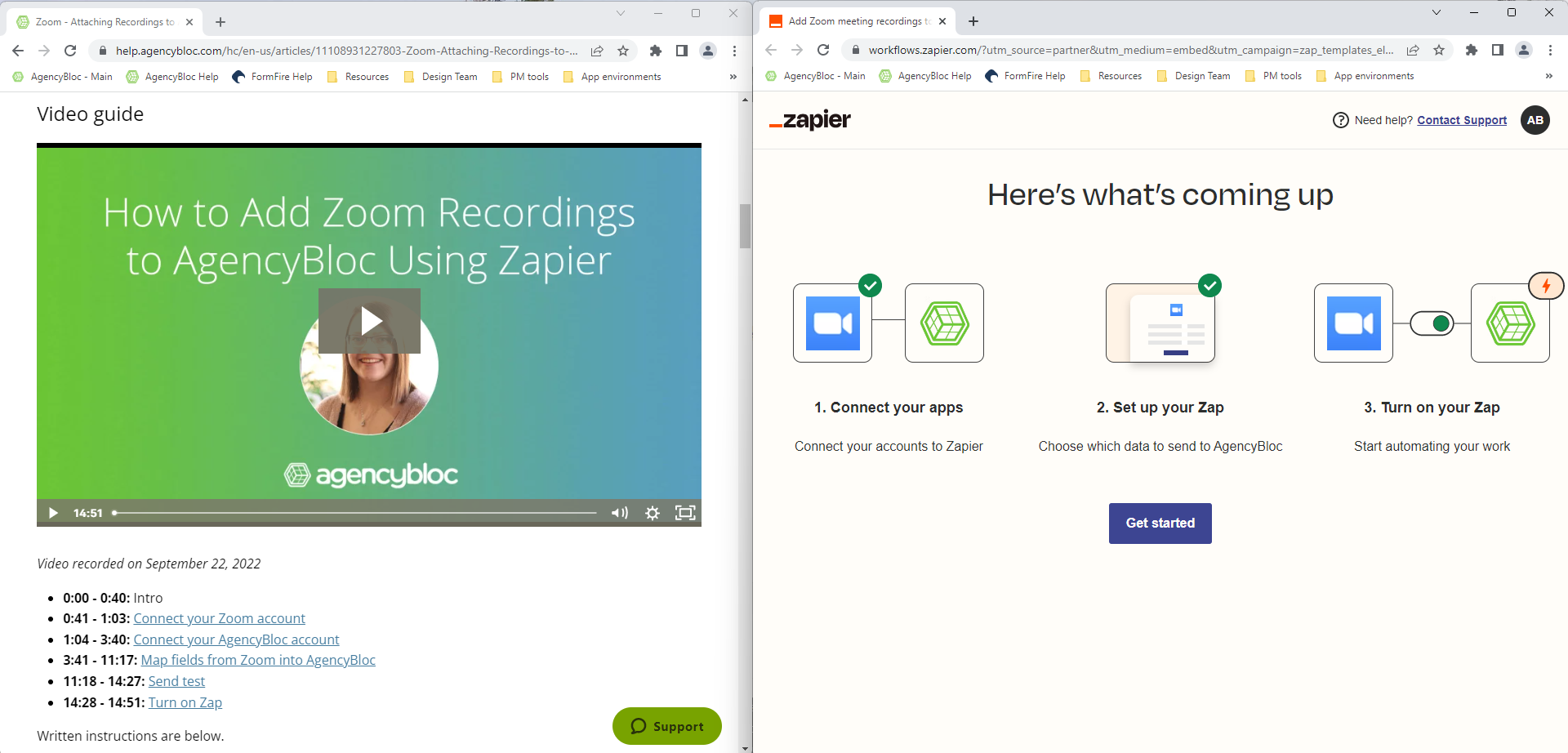 Screenshot showing the Help article in one window and the Zapier website in another side by side