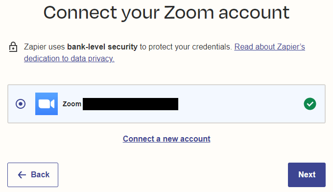 Screenshot showing how to connect your Zoom account during Zap setup