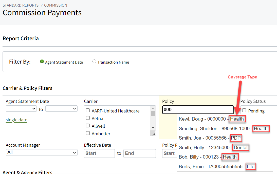 Screenshot showing the updated Policies type to search filter in the Commission Payments report