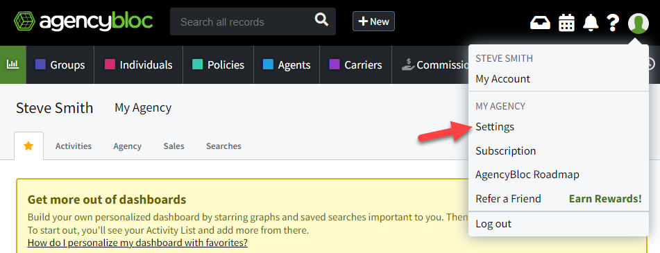Screenshot showing how to get to Agency Settings