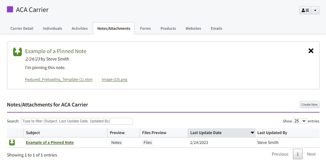 Screenshot showing the Carrier Notes/Attachments tab before the update