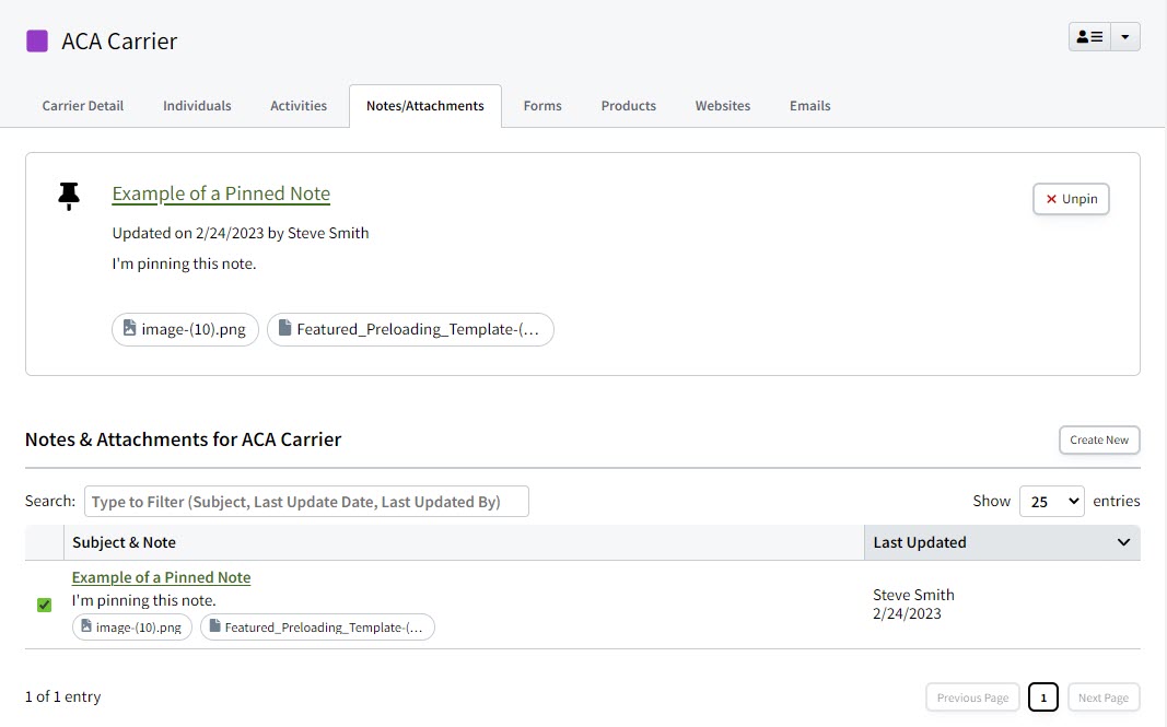 Screenshot showing the Carrier Notes/Attachments tab after the update