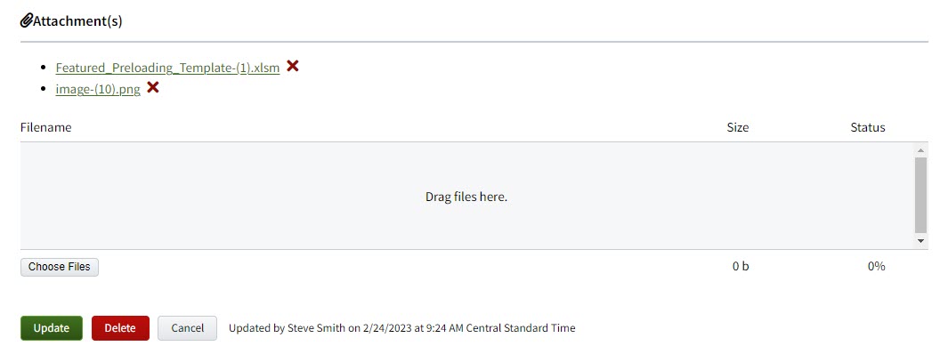 Screenshot showing the Carrier Notes/Attachments file uploader before the update