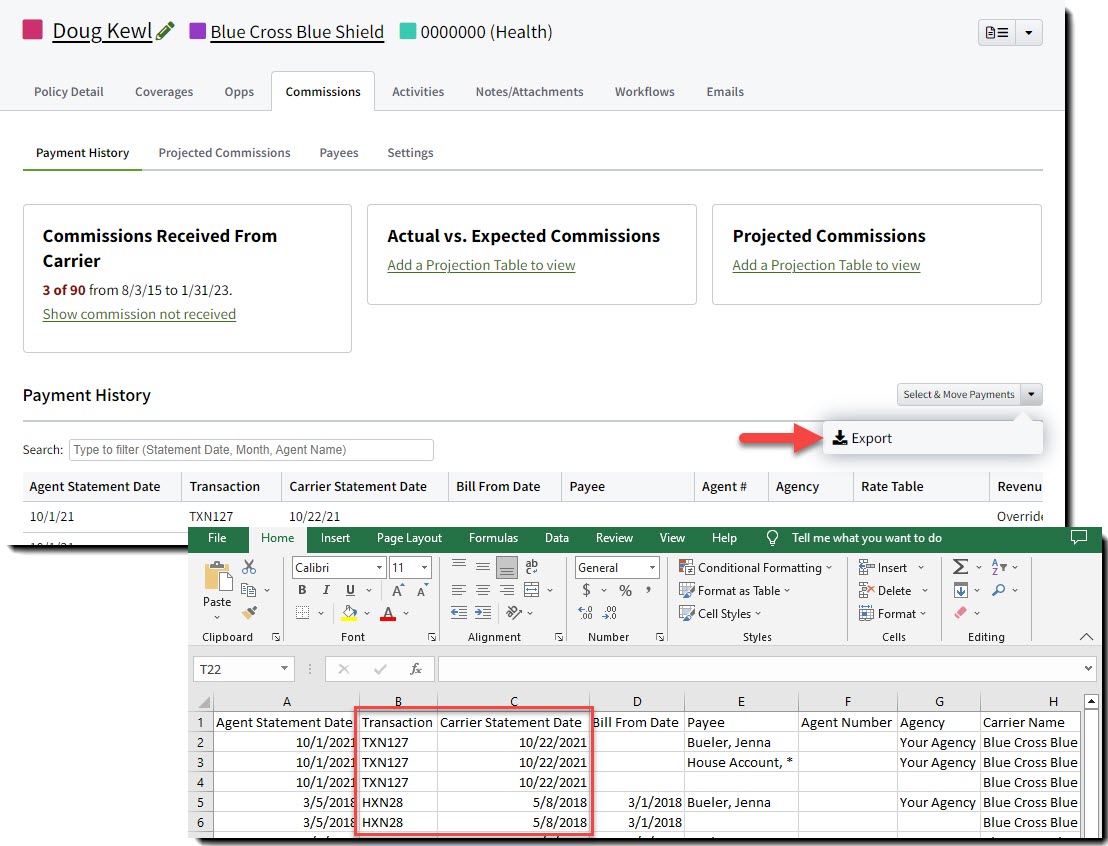 Image showing the new columns that were added to the Policy Commission History CSV export