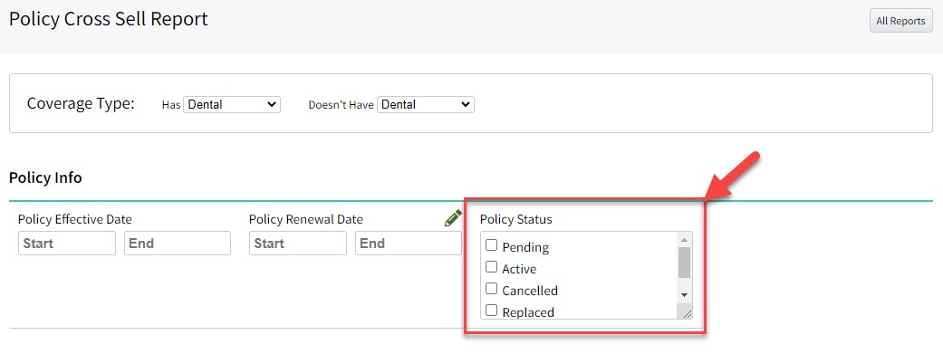 Screenshot showing the new Policy Status filter in the Policy Cross Sell report