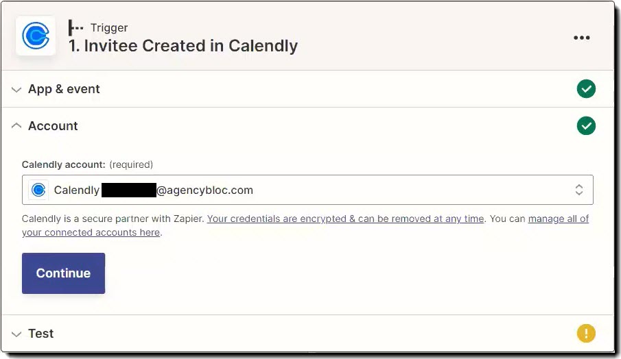 Screenshot showing how to connect your Calendly account to the trigger