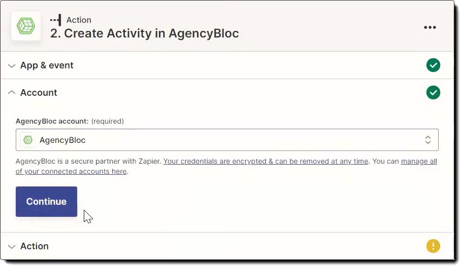Screenshot showing how to connect your AgencyBloc account to the action