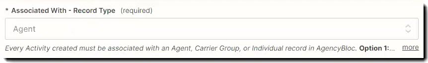 Screenshot showing the Associated With - Record Type field
