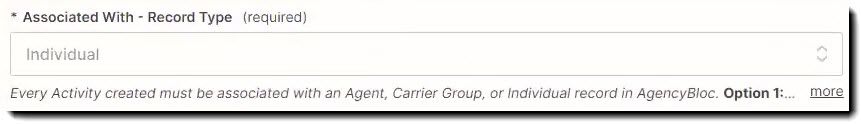 Screenshot showing the Associated With - Record Type field