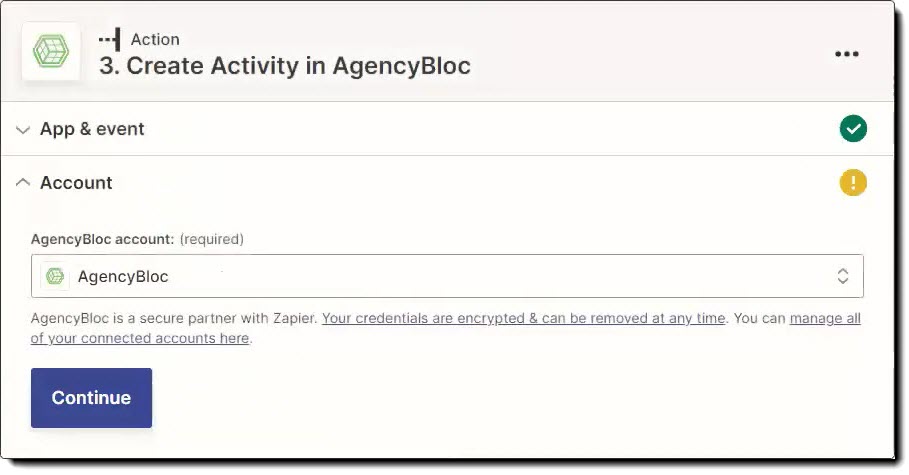 Screenshot showing how to connect your AgencyBloc account to the action