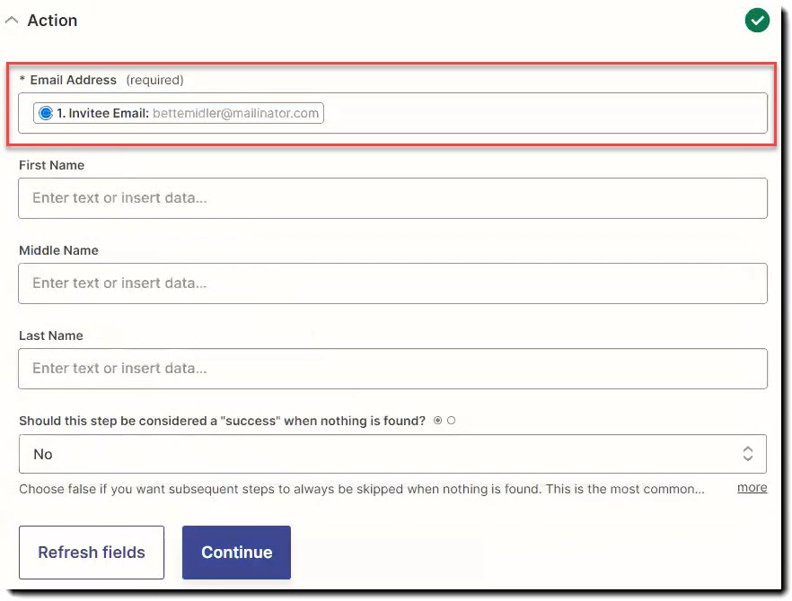 Screenshot showing the Email Address field in the Get Individuals by Email Address action