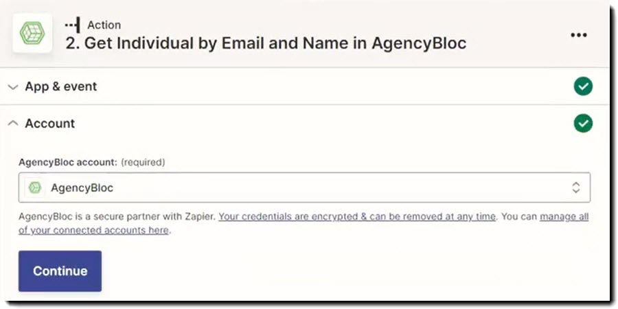 Screenshot showing how to connect your AgencyBloc account to the action