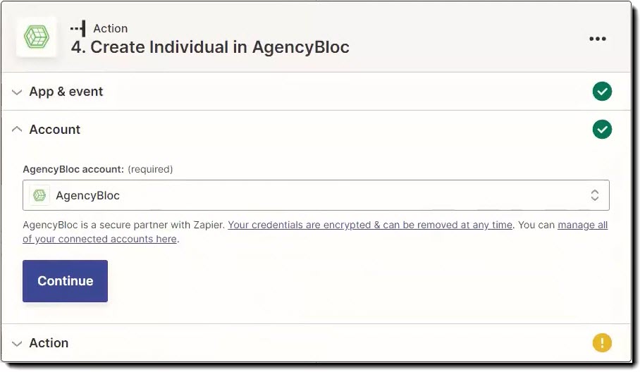 Screenshot showing how to connect your AgencyBloc account to the action
