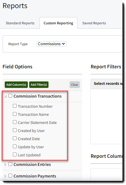 Screenshot showing the new Commission Transaction field options in Custom Reporting