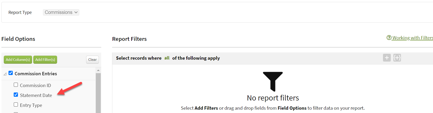 Screenshot showing the Statement Date Field Option in Custom Reporting
