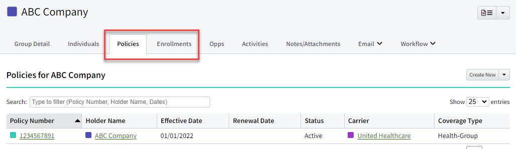 Screenshot showing the split Policies and Enrollments tabs on a Group record