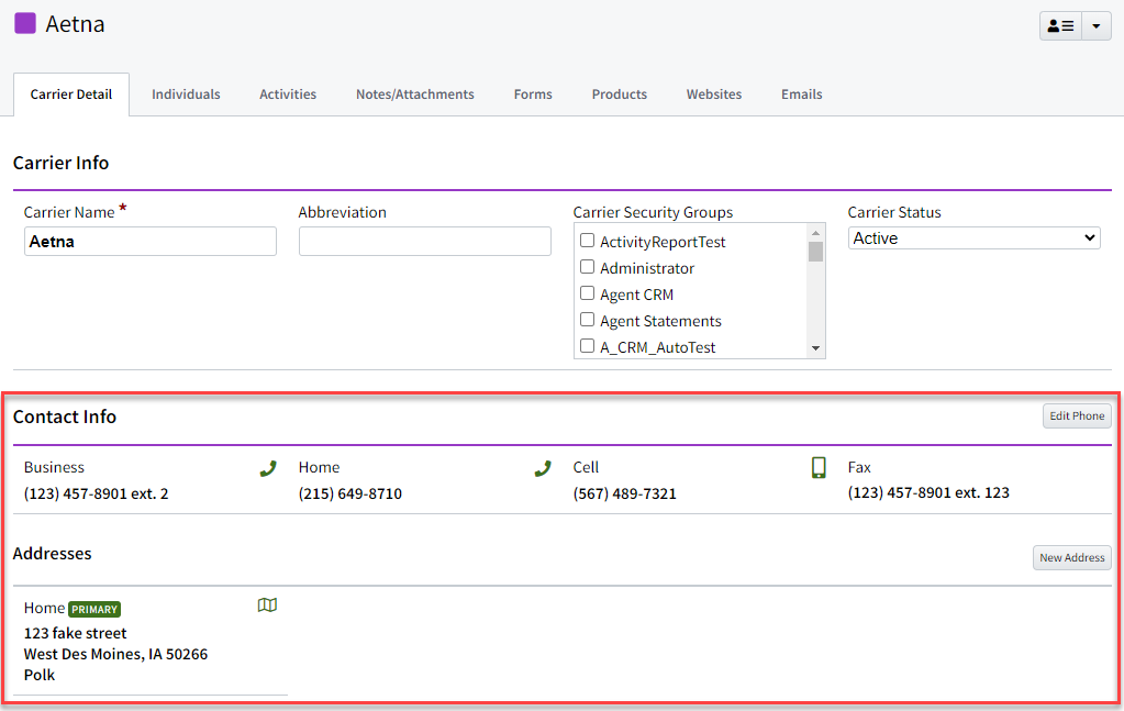 Screenshot showing the Carrier Contact Info section before the update