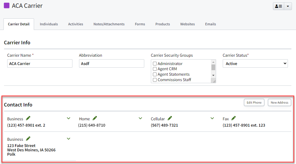 Screenshot showing the Carrier Contact Info section after the update