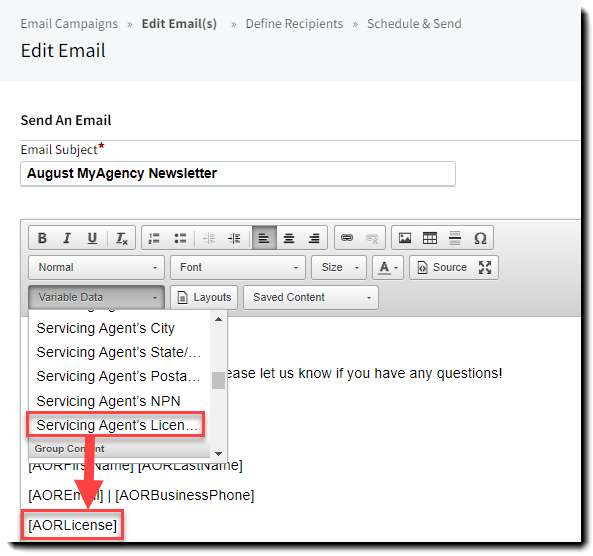 Screenshot showing the new Agent License Number variable data in the email editor