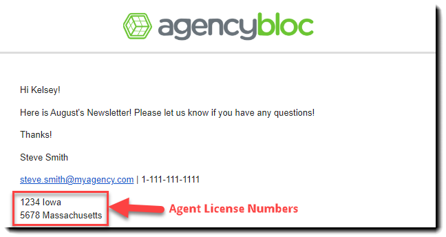 Screenshot showing Agent License Numbers being pulled into a test email