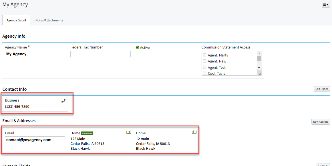 Screenshot showing the Agency Detail page before the update
