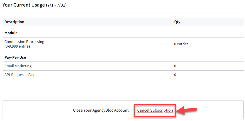 Screenshot showing a link to initiate the subscription cancellation process