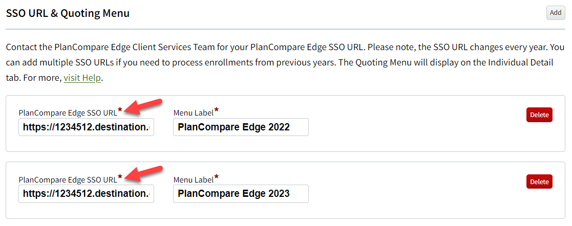 Screenshot showing the PlanCompare Edge SSO URL field