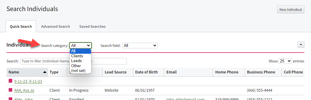Screenshot showing the category filter in Individual Quick Search