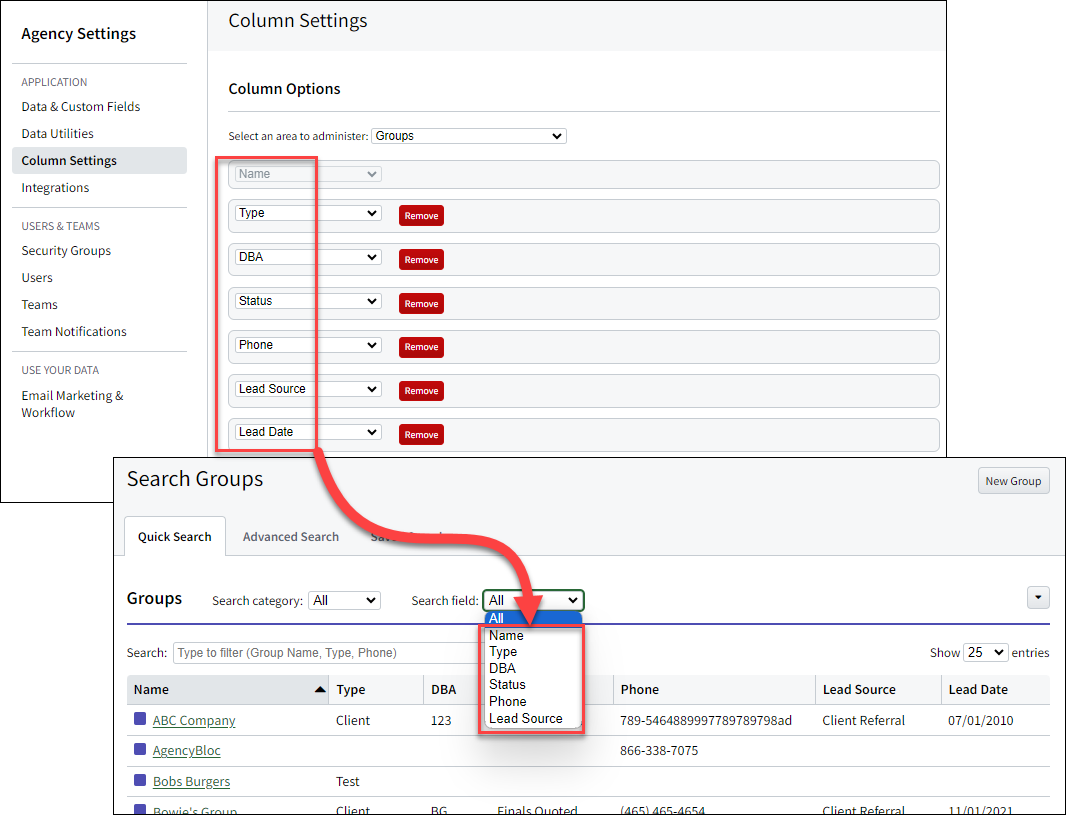 Image showing where to edit the available fields in the Quick Search field filter