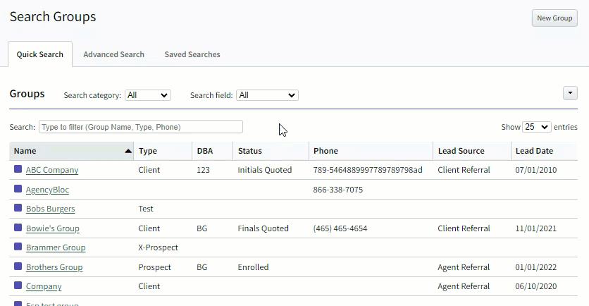 Animated image showing the field filter being used in the Group Quick Search