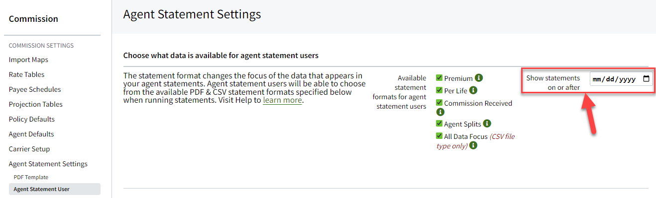 Screenshot showing the new date filter in Agent Statement Settings