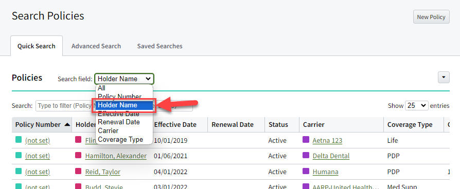 Screenshot showing the new Holder Name field in the Policy Quick Search field filter