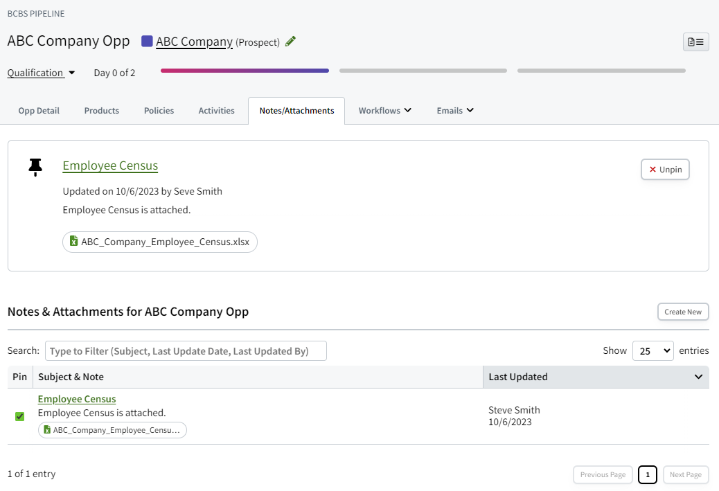 Screenshot showing the Sales Opportunity Notes/Attachments tab after the update