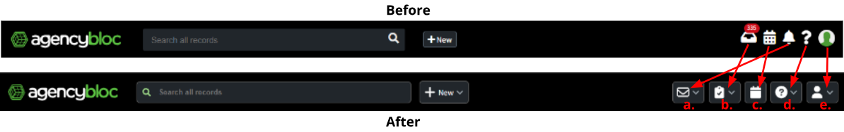 Screenshots showing the updated app header icons and navigation